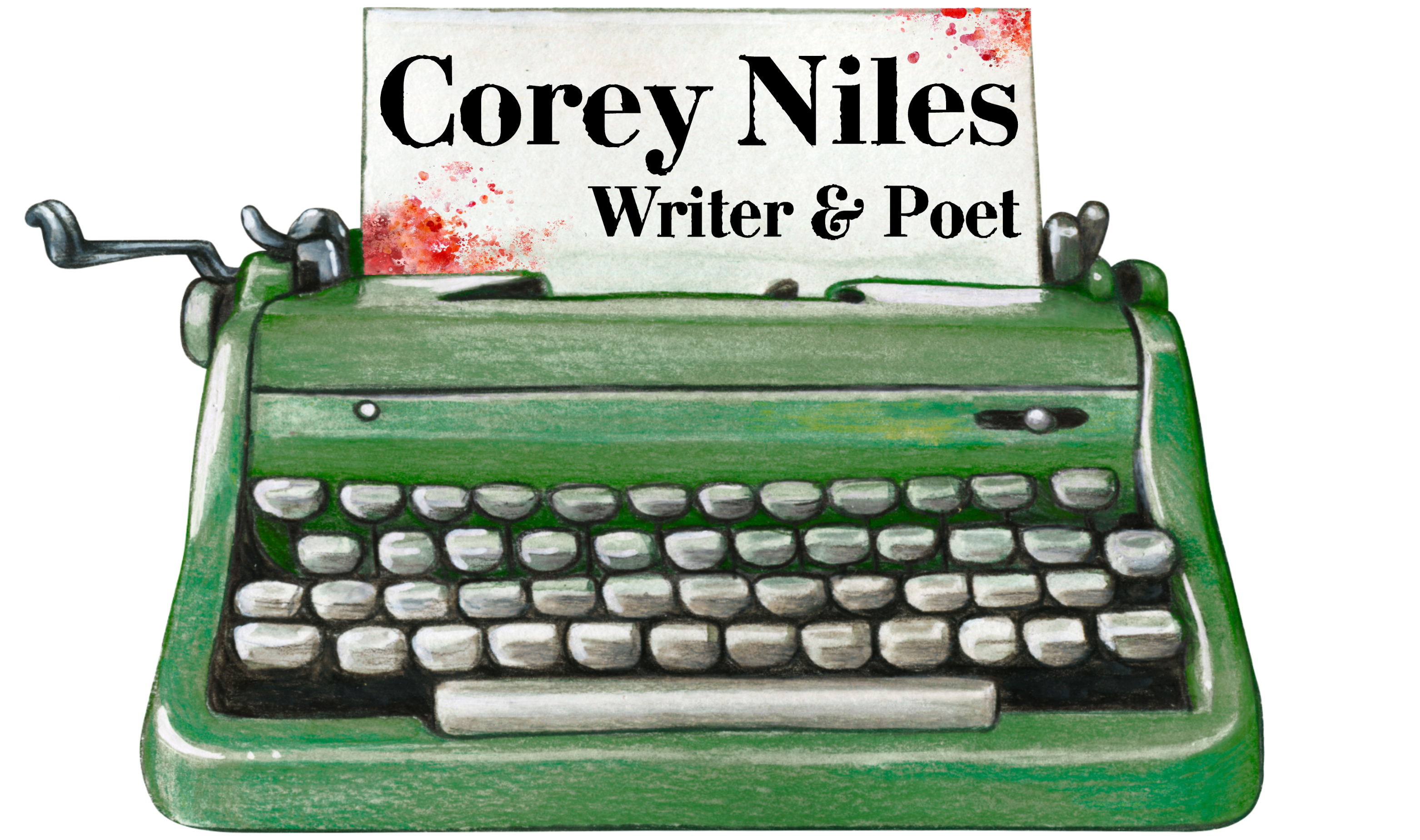 Corey Niles - Writer & Poet typewriter logo with blood splatter and spiderwebs